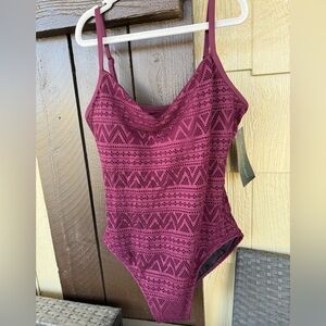 Aqua Green Burgundy Textured One Piece Swimsuit Womens Size L NWT